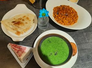 Vegan masala curry; 
Spinach cream soup;
Cake at Agnista Restaurant - Tara Center in Ulaanbaatar