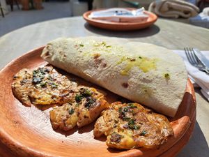 'Mushroomawarma' in flat bread with baked potatoes at NBTAHOUSE in Tangier