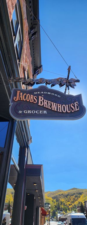 Restaurant front sign at Jacobs Brewhouse Restaurant in Deadwood