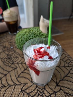 Strawberry milkshake with squirty cream at Colin's in Chepstow