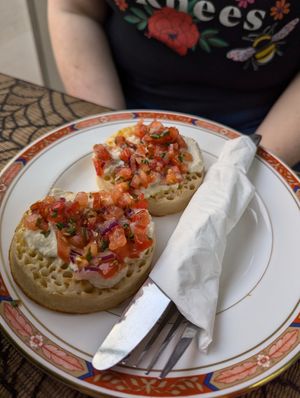 Crumpets with cream cheese and homemade salsa at Colin's in Chepstow