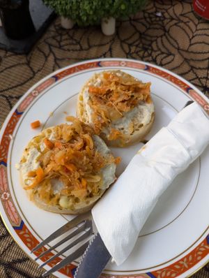 Crumpets with cream cheese and kimchi at Colin's in Chepstow