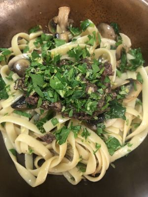 Pasta w garlic sautéed mushrooms and Pinot Gris   at Lovely Vegan Homestay in Newstead