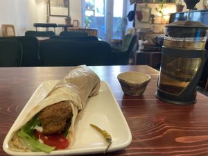 Falafel wrap with black tea  at Falafel Box in Yerevan