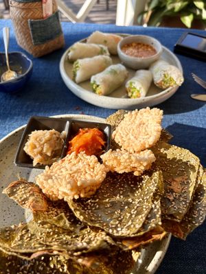 Rice paper rolls and kaipen (river weed) (the chilli sauce is NOT vegan but the tomato and eggplant dips are)  at The Belle Rive Terrace in Luang Prabang