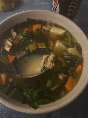 Meat (pork) in vegetarian soup.   at The Belle Rive Terrace in Luang Prabang