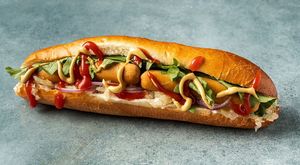 vegan hot dog at Vegan Shawarma in Jerusalem