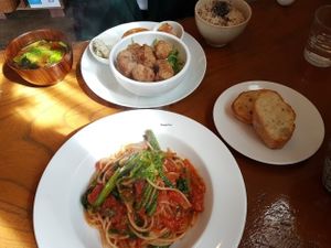 today's pasta set and fried soy meat set from the lunch menu at Pole Pole in Tokyo