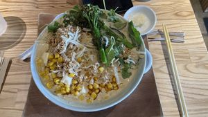 Vegan Ramen with garlic and spicy sauces on the sidee  at HiroNori Craft Ramen in Santa Fe Springs