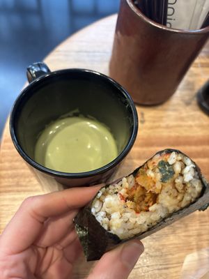 Oat matcha latte and vegan kimchi onigiri  at Onigiri in Melbourne