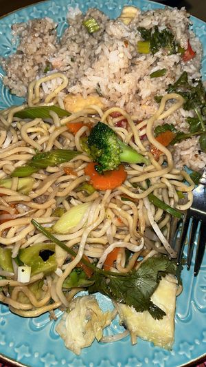 Fried rice with tofu and yakisoba with vegetables !  at Lucky Thai Elephant Restaurant in Newport