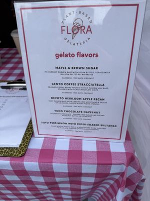 Flavor list: maple and brown sugar, coffee stracciatella, apple pecan, chocolate hazelnut, and persimmon cider sultana  at Flora Gelateria in San Francisco