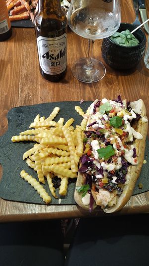 Great vegan hot dog with an Asahi beer. The staff is very nice and explain whats on the menu! at The Grassy Hopper in Gzira
