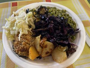 Stuffed mushroom, roast potato, sautéed cabbage and zucchini and fresh peas!!  at Lelé - Natural Food in Rome