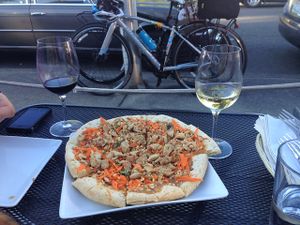 Thai peanut pizza  at Mike's Cafe and Wine Bar in San Juan Island
