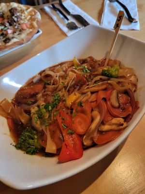 Schezuan Sizzle over rice noodles at Mike's Cafe and Wine Bar in San Juan Island