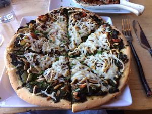 mushroom pesto pizza at Mike's Cafe and Wine Bar in San Juan Island