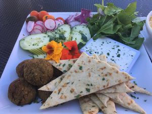 Falafel platter. Light and satisfying.  at Mike's Cafe and Wine Bar in San Juan Island