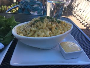 Macaroni and cheese. We got extra cheese. One of my favorites  at Mike's Cafe and Wine Bar in San Juan Island