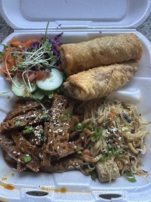 Loved this Asian style plate.. noodles, teriyaki roast and vegan egg rolls!!  at Common Sense - Sejah Farms in St Croix