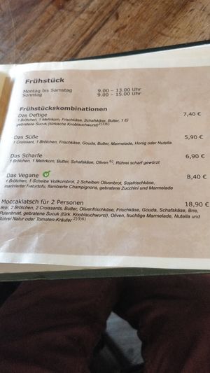 Breakfast menu at Moccaklatsch in Bielefeld