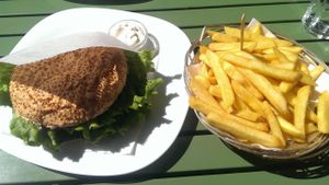 Vegan burger, french fries and vegannaise at Loving Hut in Maribor