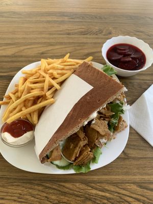 Seitan vegbab with fries  at Loving Hut in Maribor
