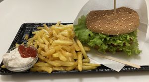 Cheese Green Burger with fries   at Loving Hut in Maribor