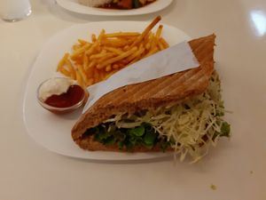 Saitan Vegbab with fries at Loving Hut in Maribor