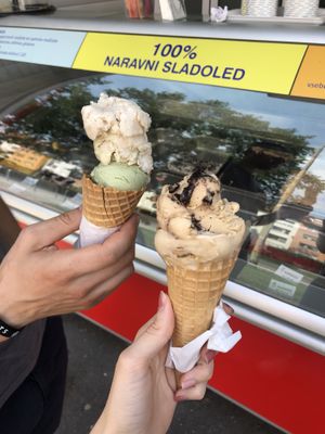 4 different vegan ice creams: Rafaello, pistachio, Bajadera and Snickers. at Loving Hut in Maribor
