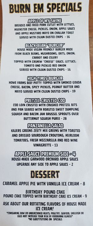 Specials Menu at Burn 'Em Brewing in Michigan City