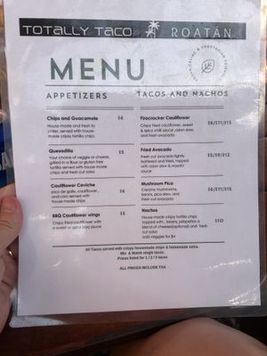 Menu for vegan/vegetarian. Completely separate. Only place in West End that has their own vegan menu.   at Totally Taco in Roatan