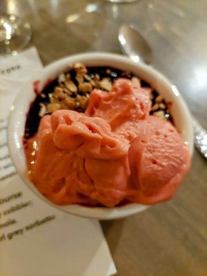 Blueberry cobbler with granola and strawberry Earl Grey sorbet -- special meal for a DelVal Veg event, not sure regular menu has a vegan dessert. This was so good! at Bella Trattoria in Spring City