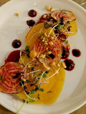 Beets 3 ways with microgreens and pistachios, made special for a DelVal Veg dinner. Menu has a similar dish that may be able to be customized; ask! at Bella Trattoria in Spring City