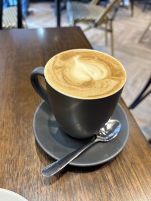 Soy latte in a mug  at Ferguson Plarre Bakehouse - Rosebud in Rosebud