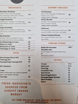 Menu at Wyndham Cafeteria in Cardiff