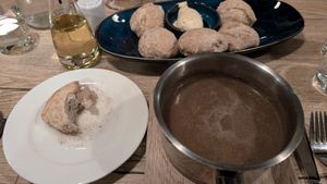 Wild mushroom soup and bread (they brought olive oil for us instead of butter) at Restaurant BAKKI in Laugarbakki