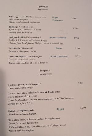 Menu at Restaurant BAKKI in Laugarbakki