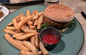 Vegan burger and fries (decent option, filling, less expensive than celery root steak) at Restaurant BAKKI in Laugarbakki