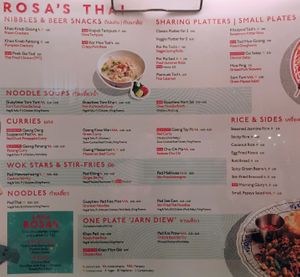 Menu uses a leaf symbol for vegan options at Rosa's Thai in Kingston Upon Thames