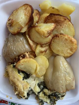 Lunch options (spinach lasagna, potatos and stuffed peppers) at 108 in Ljubljana