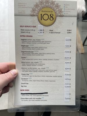 The menu  at 108 in Ljubljana