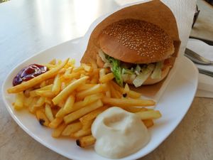 Burger with fries at 108 in Ljubljana