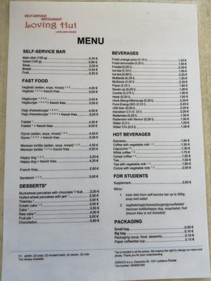 Menu at 108 in Ljubljana