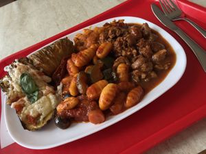 Around 6/7€ : goulasch, gnocchis with vegetables, beans, cabbage stuffed with rice, eggplant pizza. at 108 in Ljubljana