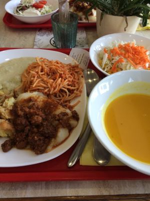 Pasta, mashed potato and sauce at 108 in Ljubljana