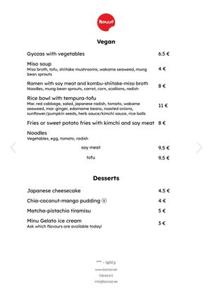 Vegan menu   at Bonzai Restoran in Rakvere