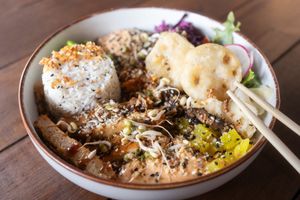 Poke bowl with 'kanaloog' (chicken analogue by Mati Foods). at Bonzai Restoran in Rakvere