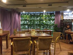 Cosy seating area at GreenWoods Raw Cafe in Kowloon