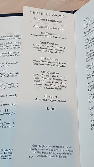 Whole vegan omakase menu at Sensei by Nobu  in Lanai